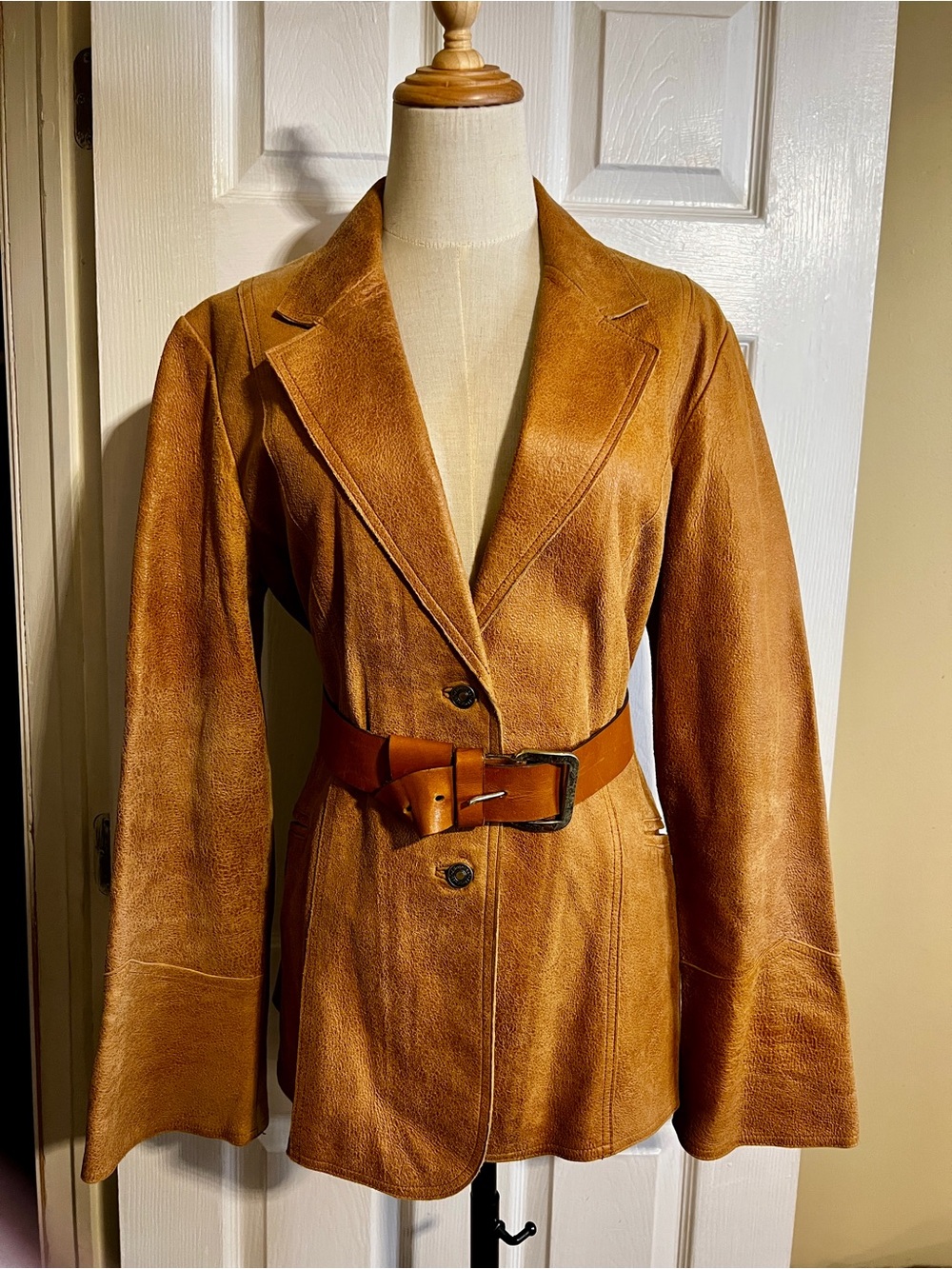 Jeanology Wms Vtg 90s Tan Textured Leather Western Boho Flare Sleeve Jacket 16